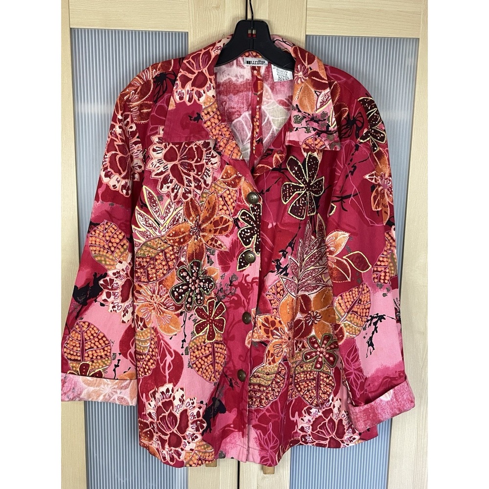 Units Jacket Womens XL Cotton Red Pink Embellished Boho Cottagecore Casual Party